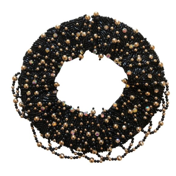 Vintage Cloth Beaded Necklace Metallic Bib  Black and Gold Gala Event Ball Stunn - Picture 1 of 6